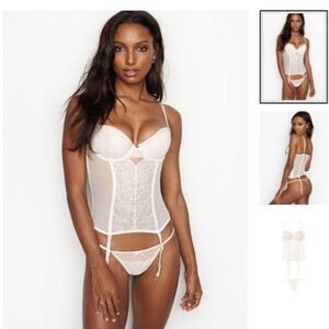 Victoria's Secret Bridal Mesh Corset String Thong Panty Set Coconut White 36D/Lg
